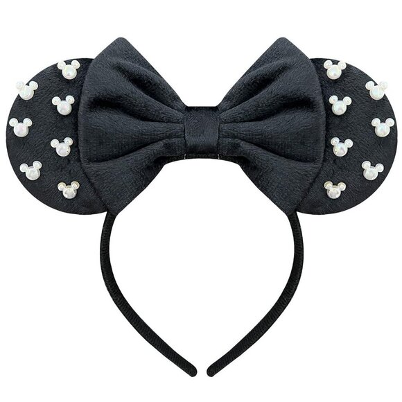 Accessories - Black Fuzzy Mouse Ears Headband Women Pearl Bows Adults Halloween Cosplay